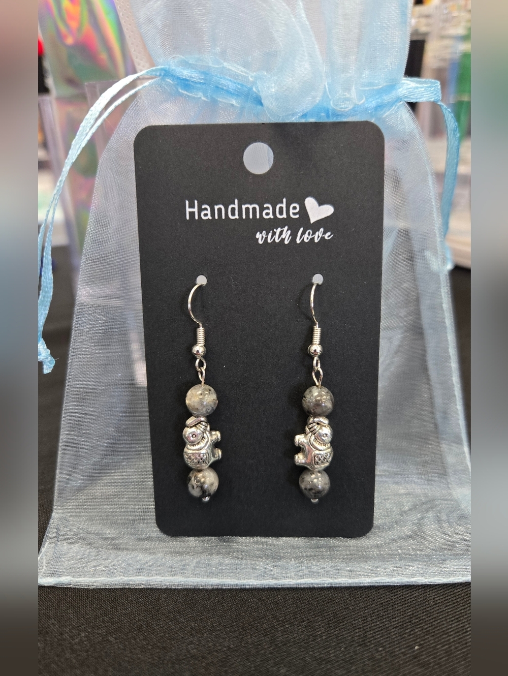 Silver And Gray Elephant Earrings - Hand Crafted